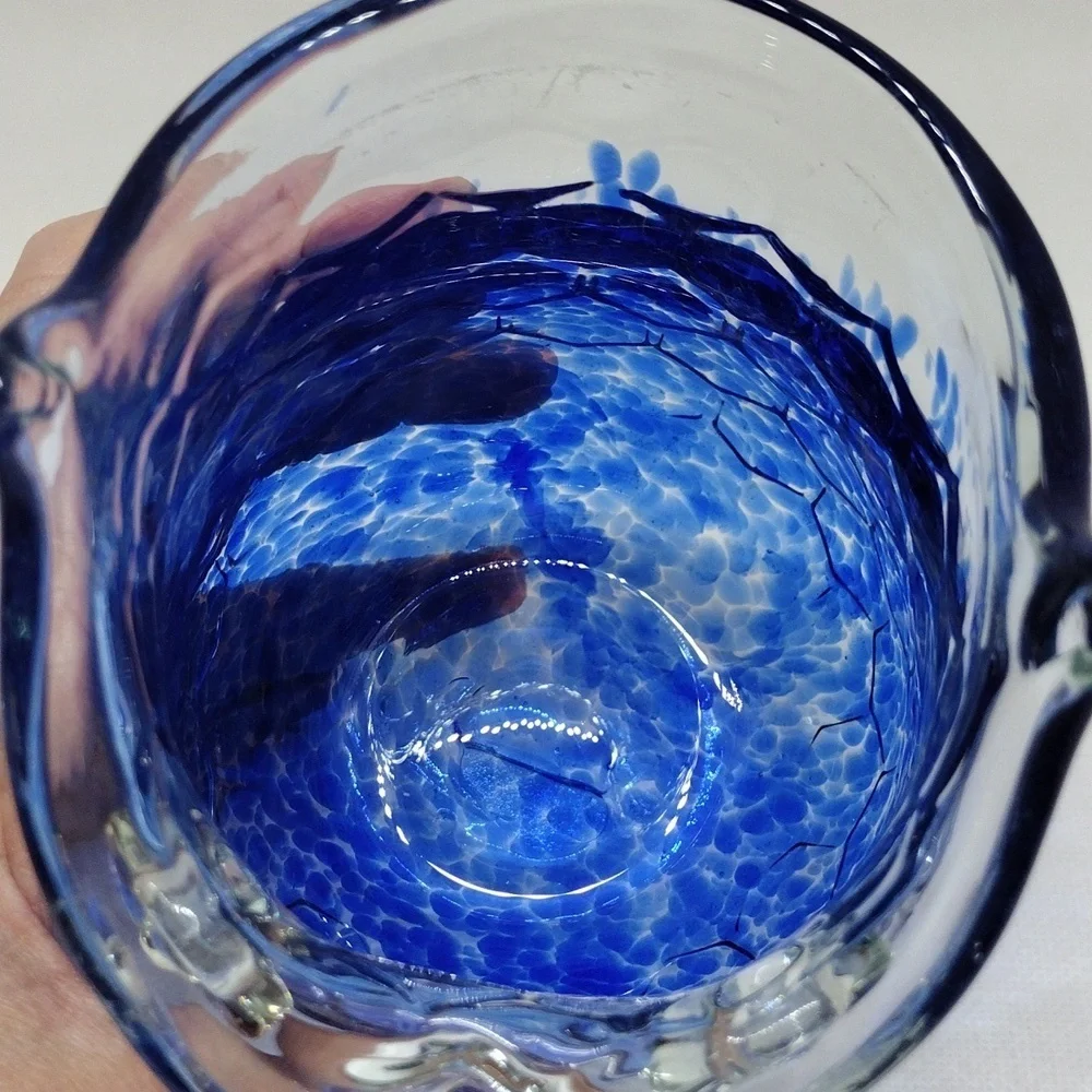Vintage Cracker Barrel Clear and Cobalt Blue Splatter Art‎ Glass Owl Vase